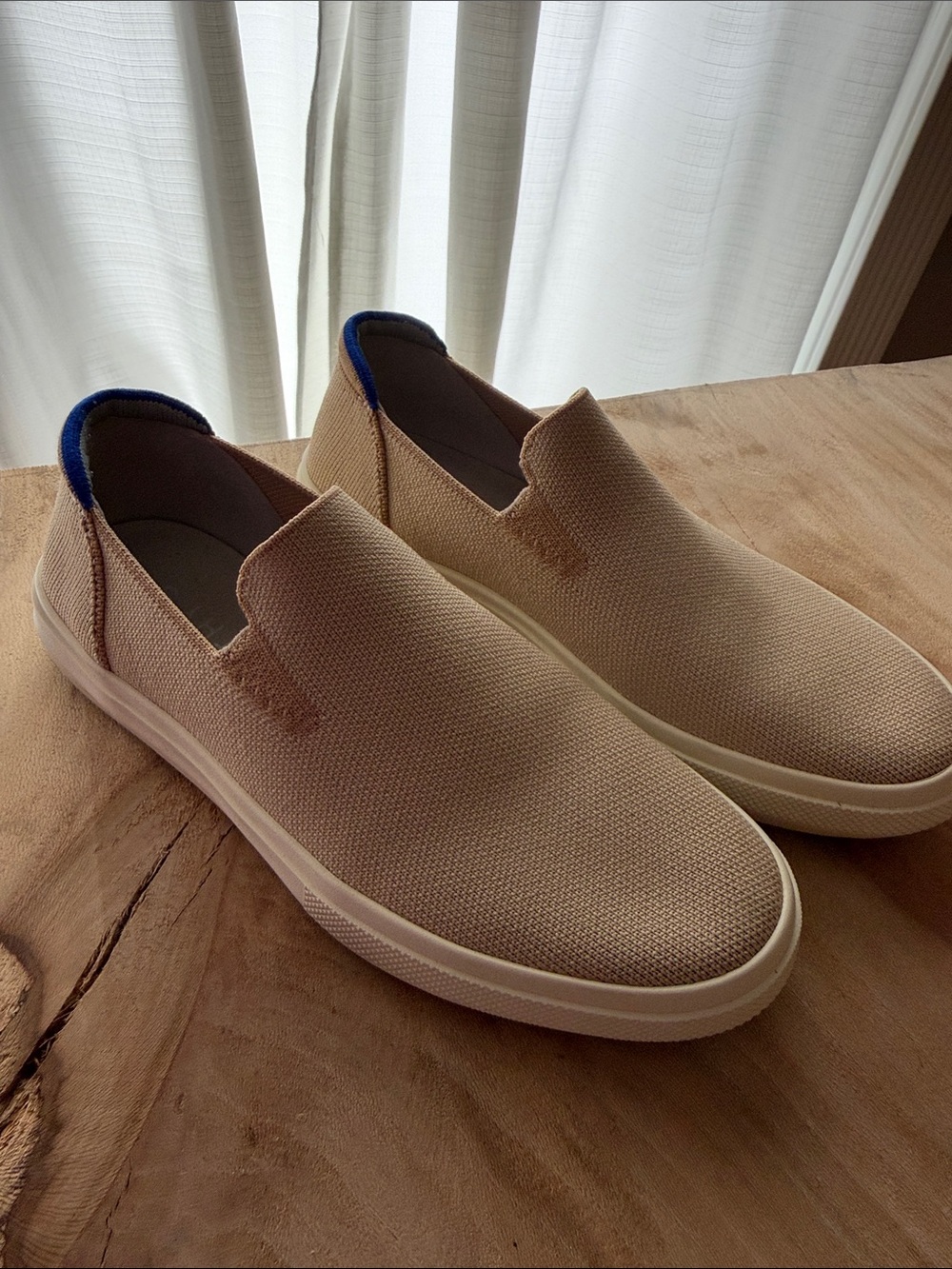 Rothy's Slip-On Sneakers in Beige with Blue Heel Accent